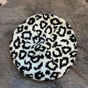 Leopard Print Knit Beret - Black and White